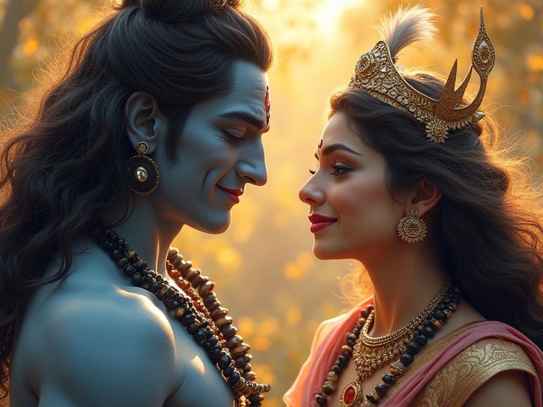 Image shows Lord Shiva and Mata Parvati gazing at each other with warm sunlight around them. Shiva in blue skin and traditional ornaments. Parvati wearing a crown and jewelry.