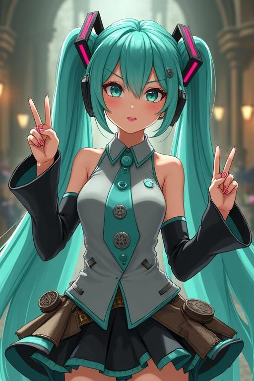 Anime character in a stylish dieselpunk outfit. Turquoise hair styled in pigtails. Holds a leek in the left hand and makes a peace sign with the right hand. Dancing in an energetic pose. Popular for karaoke events.