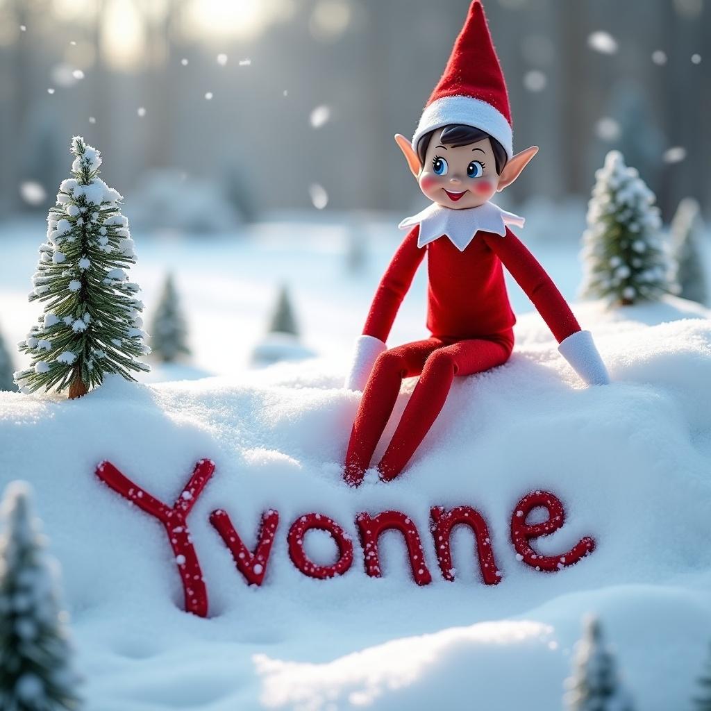 Elf on the shelf writing Yvonne in the snow during winter season.