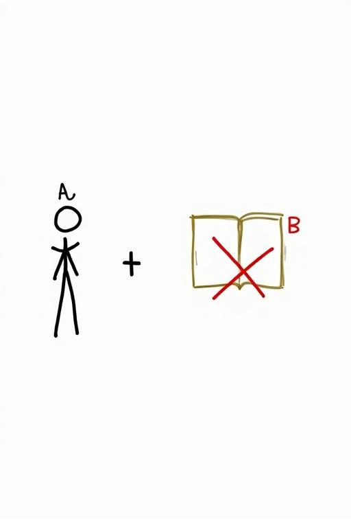 Stickman-style illustration shows a user as a figure and a course as a book icon. The user has label A. The course has label B. Equation shows user plus course leading to a red cross. Message conveys user and course not achieving a successful outcome.