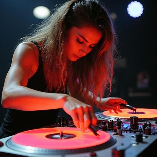 Female DJ performing energetically at the turntables. Showcases impressive turntable tricks. The scene features bright stage lights. Captures the excitement of a DJ competition in 1992. Highlights the art of DJing and the skill of mixing.
