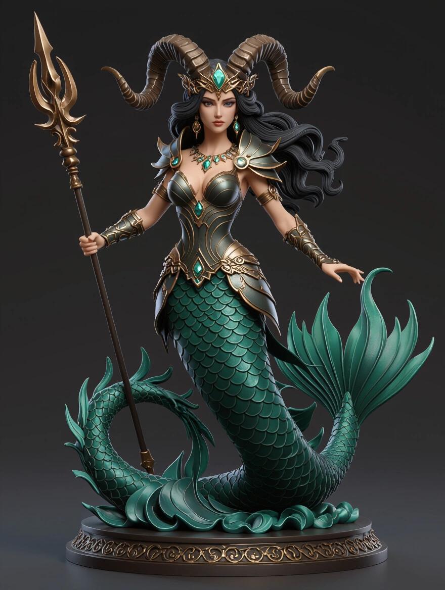 Ultra-detailed 3D figurine of a Capricorn-inspired zodiac goddess. Design blends a powerful warrior with a mythological creature. Woman's torso; long mermaid's tail covered in dark scales. Crown of mountain-shaped crystals. Fitted armor with plunging neckline. Gold and copper details. Holds a spear or staff shaped like a spiral horn. Elegant attack pose; tail curled, one knee raised. Base simulates rocks rising from the sea. Collectible resin style.