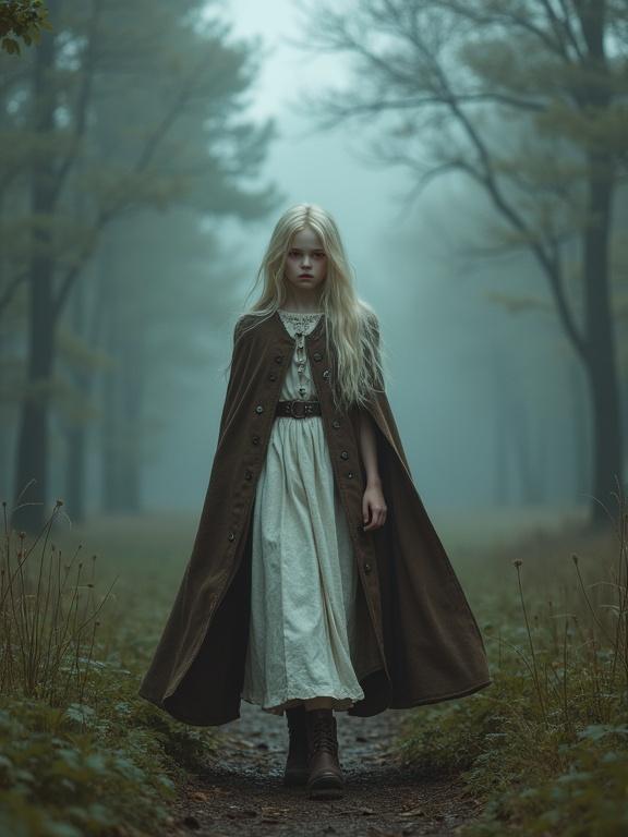 Photorealistic scene in a foggy forest featuring a thin tween girl with long blonde hair. She stares coldly at the viewer, showcasing bright red eyes and vampire fangs. Dressed in a white traveling dress and brown boots, she wears a heavy cloak while walking along the obscured path between trees.