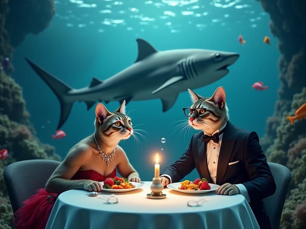 An underwater scene featuring two cats dressed elegantly for a romantic dinner. They are sitting at a beautifully set table with a white tablecloth and a flickering candle in the center, casting a soft glow. The backdrop is a deep blue ocean filled with colorful fishes swimming around them and bubbles floating in the water. The male cat is wearing a tuxedo and glasses, while the female cat is in an elegant red dress adorned with jewelry. The atmosphere is surrealistic, enhancing the fantastical nature of the scene, as a large, friendly-looking shark swims in the background. Everything is highly detailed, from the cats' expressions to the delicate details of the underwater environment.