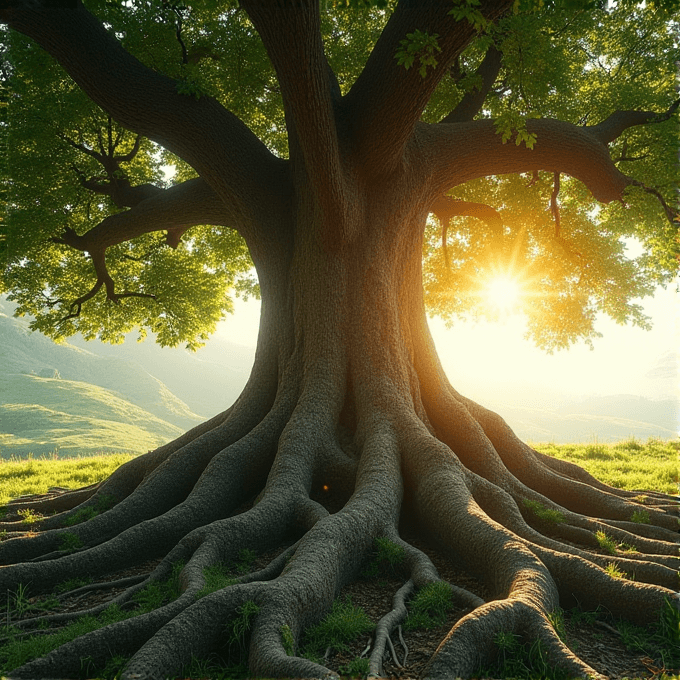 A grand tree with sprawling roots stands in a sunlit meadow, with the bright morning sun casting a warm glow through its lush green canopy.