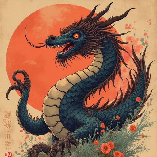 A formidable dragon is depicted. It has an intense expression and a detailed body with prominent scales. The background features a large, stylized sun. This image combines traditional and modern artistic elements.