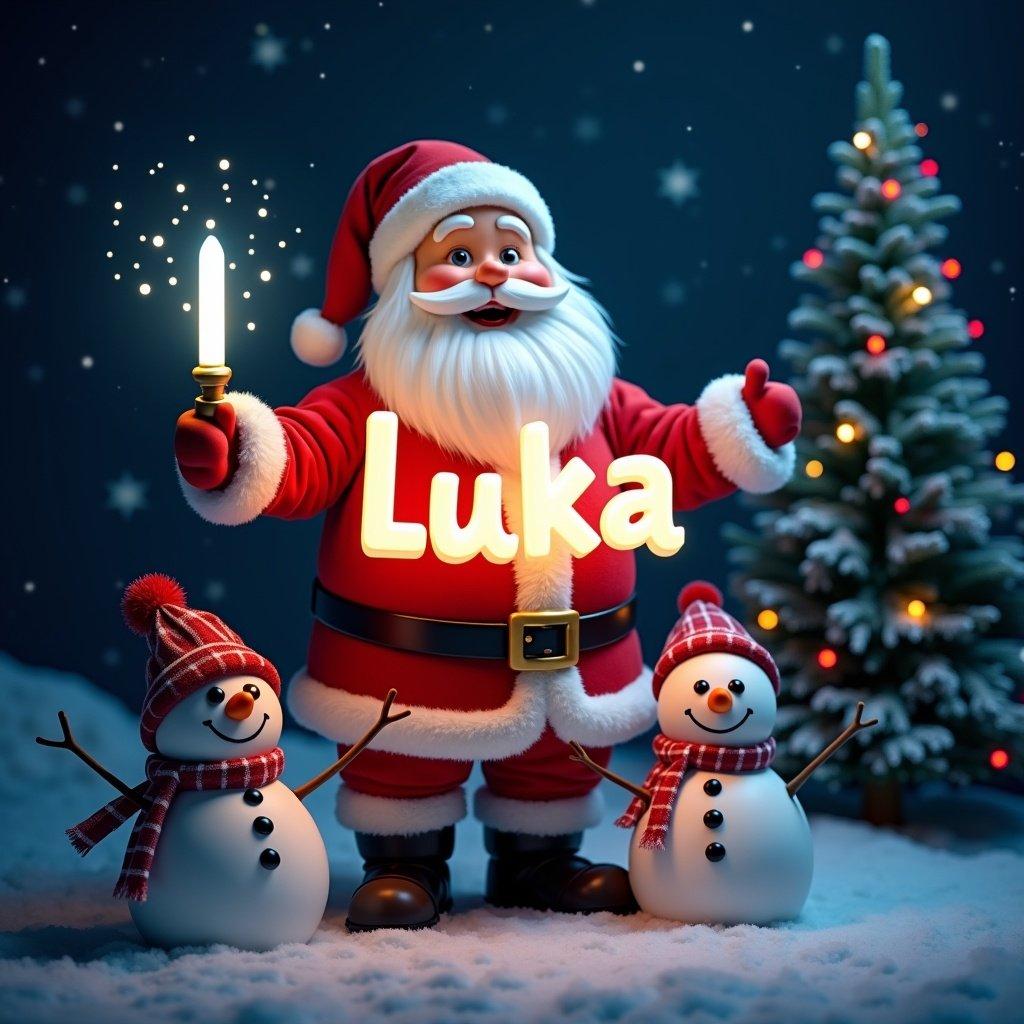 Cheerful Santa Claus dressed in red and white suit with a glow stick creating the name 'Luka'. He has a warm expression. Two snowmen are beside him. The background is a dark winter night with stars. Colorful lights adorn trees, highlighting the festive spirit.