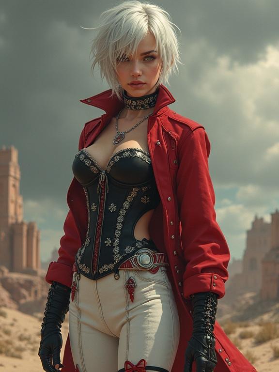 An illustration of a female character in a dusty landscape. Short white hair and fierce brown eyes. Elegant tanned skin with a scar on the hourglass body. Wearing a black and silver corset top with red accents. A short red jacket with high collar. White tight-fitting pants with red lacing. Black thigh-high stockings and black heeled boots. Silver necklace. Radiating strength in a dynamic pose with dark skies.