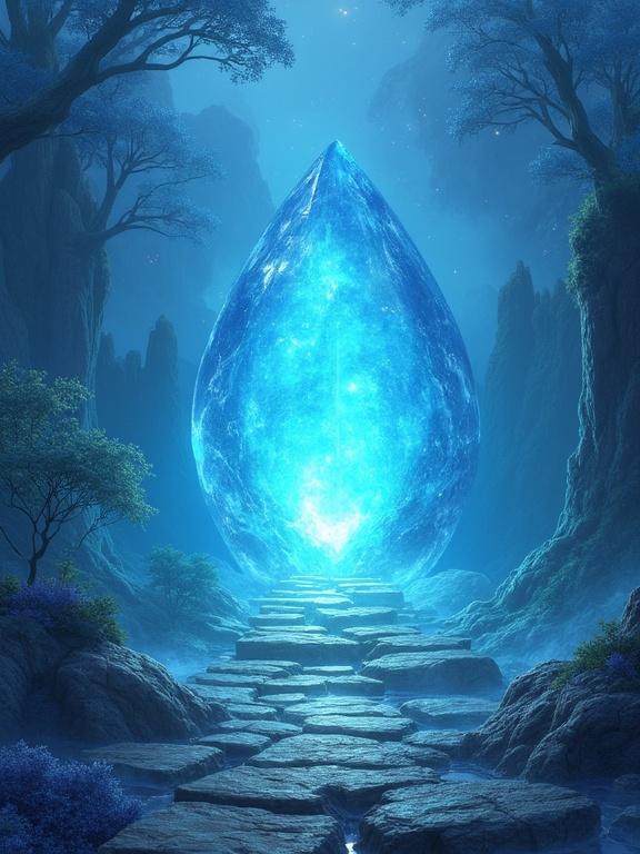 A fantasy card back design featuring a glowing blue stone in the center. The design is light blue with a landscape theme and whimsical elements. The composition appears beautiful and symmetrical, capturing an adventurous spirit. No text is present.