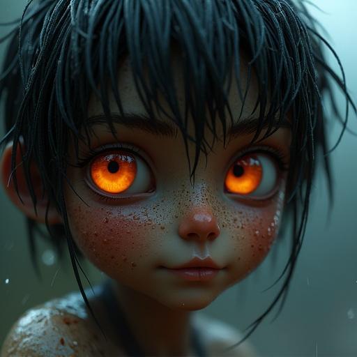 3D rendering of a close-up of a young person with disheveled wet hair. Their face has dirt and water droplets. Eyes glow orange. Background is dimly lit and gloomy. Individual wears a dark garment.