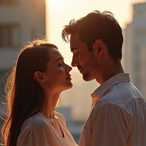 Illustrate a romantic moment between a girl and a guy. The couple is close together during a sunset. Emphasize their expressions and intimate connection in warm lighting.