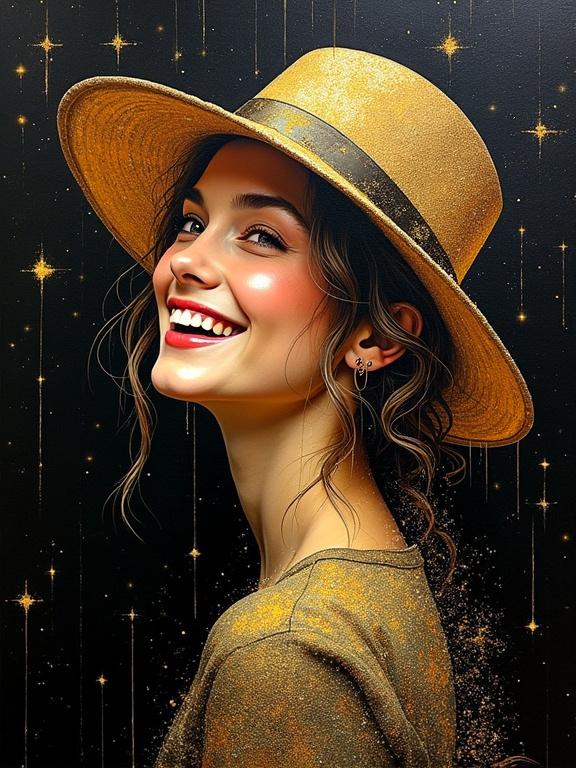 Full body woman wearing a hat that resembles a lepiote with golden sparkles and stars on a black canvas. The artwork employs dripping ink painting and wet techniques. Bright colors show happiness with burnished gold details.