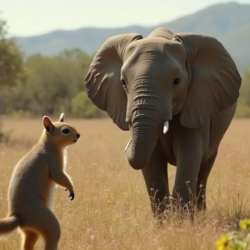 Wide view of a squirrel talking to an elephant in a natural setting.