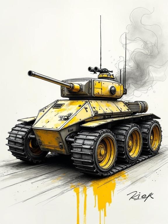 Hand-drawn tank sketch with digital highlights. Angular silhouette defined with rough lines. Detailed leather treads with crosshatching. 'Kiek' marked in yellow on wheels. Annotations show latex materials and LED placements. Smoke and spark effects surround sketch in a futuristic workshop.