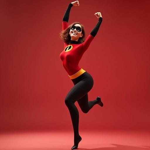 Elastigirl character in a red superhero costume dancing joyfully