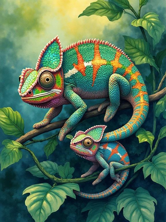 Curious chameleon juveniles perched on emerald vines. Kaleidoscopic scales shift colors. Golden eyes swivel playfully. Blending ink-splatter style with soft back-lighting in a watercolor effect.