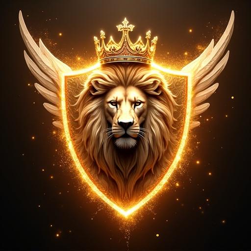 Digital heraldic shield depicted in gold and white. Central design featuring a radiant royal crown with angel wings. A proud crowned lion at the top. Two red banners wave with names in white with red outlines. Below are two red Bugatti sports cars and a shining golden diamond. Surrounded by golden flames and floating luminous particles. Wings animated with slow movement; crown jewels twinkle; particles ascend, ribbons flutter in invisible wind. The lion blinks, background shows golden sparks against a dark sky. Smooth camera pan and zoom effect.