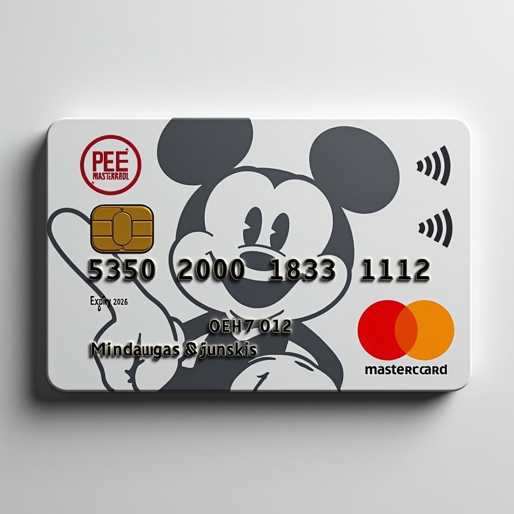 Realistic image of credit card with modern design. Features Mastercard logo, card number 5352000180331112 below it. Cardholder named Mindaugas Čijunskis. Expiry date of February 2026 at the bottom. Mickey Mouse background with black font.