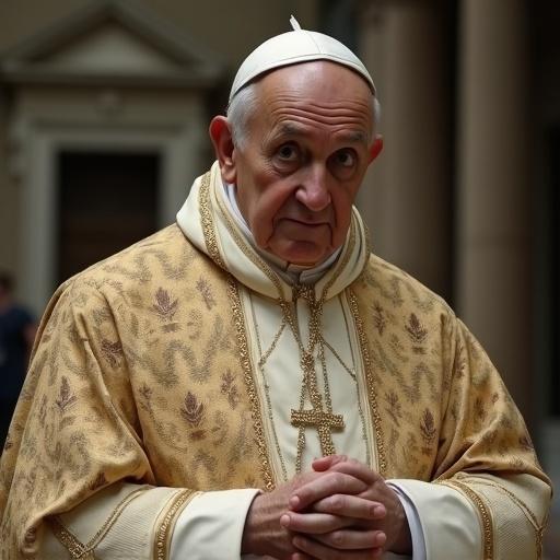 Pope dressed in ceremonial robes. The Pope stands in a courtyard with hands clasped in prayer. The setting is about Vatican traditions and its significance.