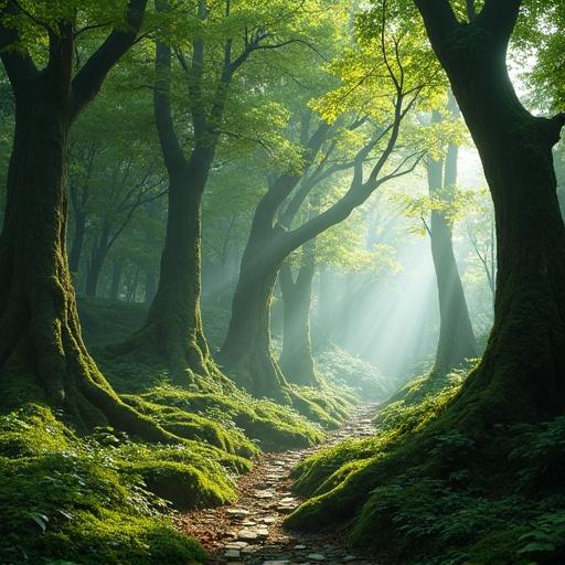 A fusion of mechanical and natural environments depicted in a forest setting. Trees demonstrate transformation with mechanical features merging into realistic trees. Soft ambient light filters through the forest canopy, creating a magical atmosphere. A stone pathway leads through vibrant greenery and mossy ground.