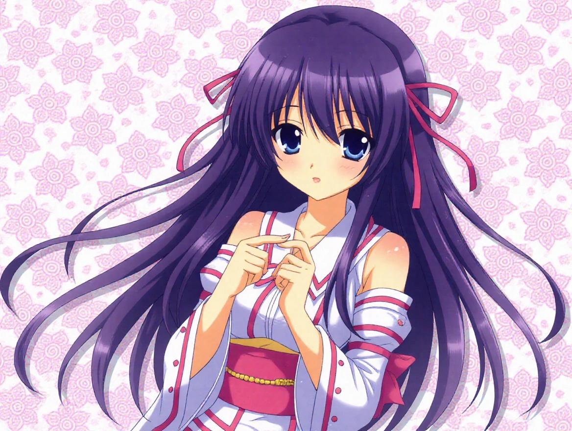 Anime girl with long purple hair dressed in traditional clothing and holding her fingers. Background features light pink floral patterns.