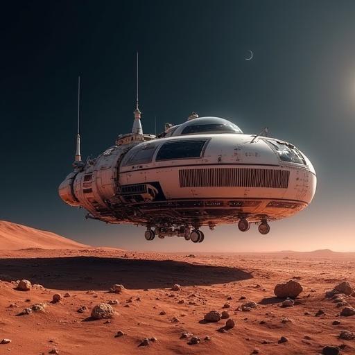 Futuristic spacecraft designed for landing on a planetary surface in a barren environment.