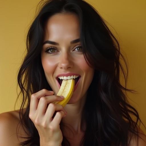 Woman with long dark hair smiling while holding and eating a banana in front of a yellow background.