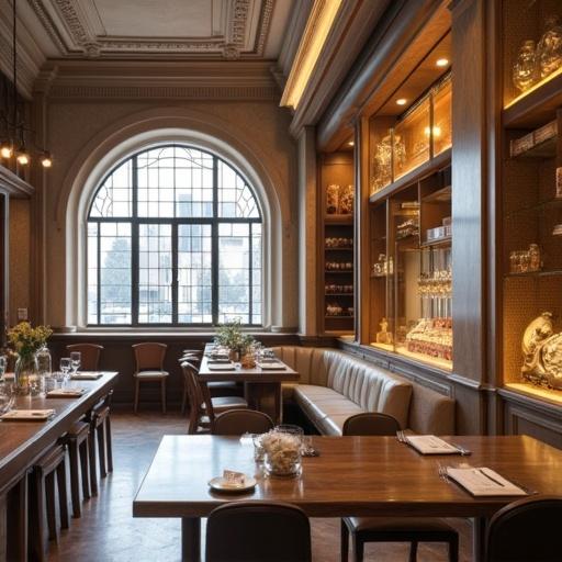 Elegant restaurant interior showcasing wooden decor. Large arched window allows natural light. Comfortable seating arrangements with fine dining setup. Warm lighting creates a cozy feel.
