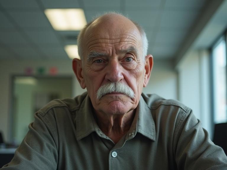 Image of a serious stocky elderly professor sitting in a bright office. Overhead lights provide illumination. The setting appears academic. The professor has a bald head and a white mustache. The focus is on his presence and demeanor in the environment.