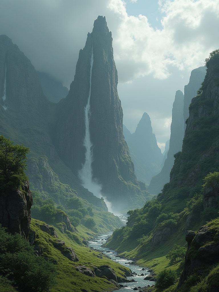 Fantasy landscape featuring towering peaks and a waterfall cascading into a lush valley. Soft light enhances the dramatic mountainous terrain with a flowing river below.