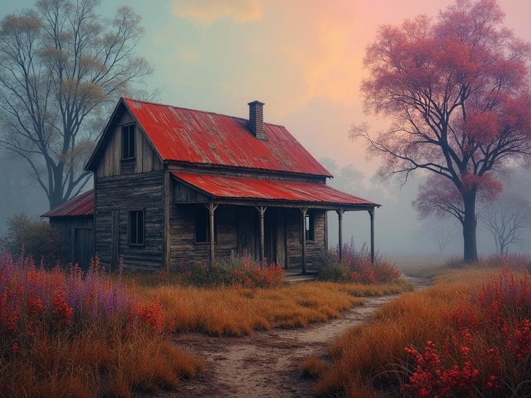 A derelict farm with a dilapidated house surrounded by fog and vibrant flowers. The sunset creates a stunning backdrop with contrasting colors. The scene evokes a sense of tranquility with a hint of nostalgia.