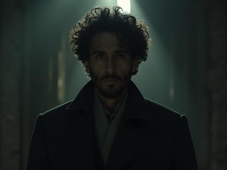 Cinematic shot of a man in a dark desolate place illuminated by soft lighting. The man has curly hair and a serious expression, looking directly at the camera.