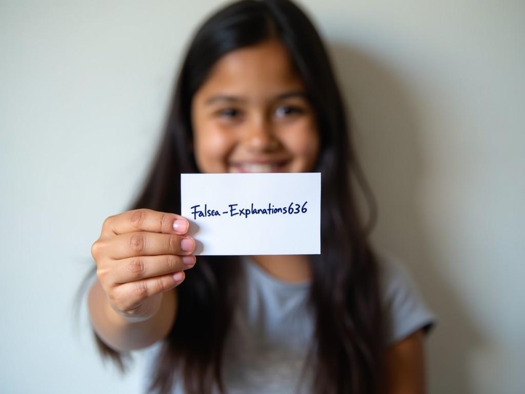 A young girl is smiling broadly while holding a piece of white card in front of her. The background is a subtle light gray, which enhances her warm, friendly expression. Her long, dark hair falls gently around her shoulders, and she appears happy and engaged. The card she is holding is clearly visible, with a handwritten note on it. The overall mood of the image is cheerful and inviting, making it suitable for various contexts, especially in educational or promotional content.