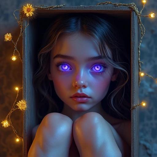 The photo showcases a girl inside a box. The focus is on her feet and glowing elements. There are gold flowers and a moody atmosphere created by steam and lighting. The girl has beautiful purple eyes. This composition highlights artistic details and captures a captivating perspective.