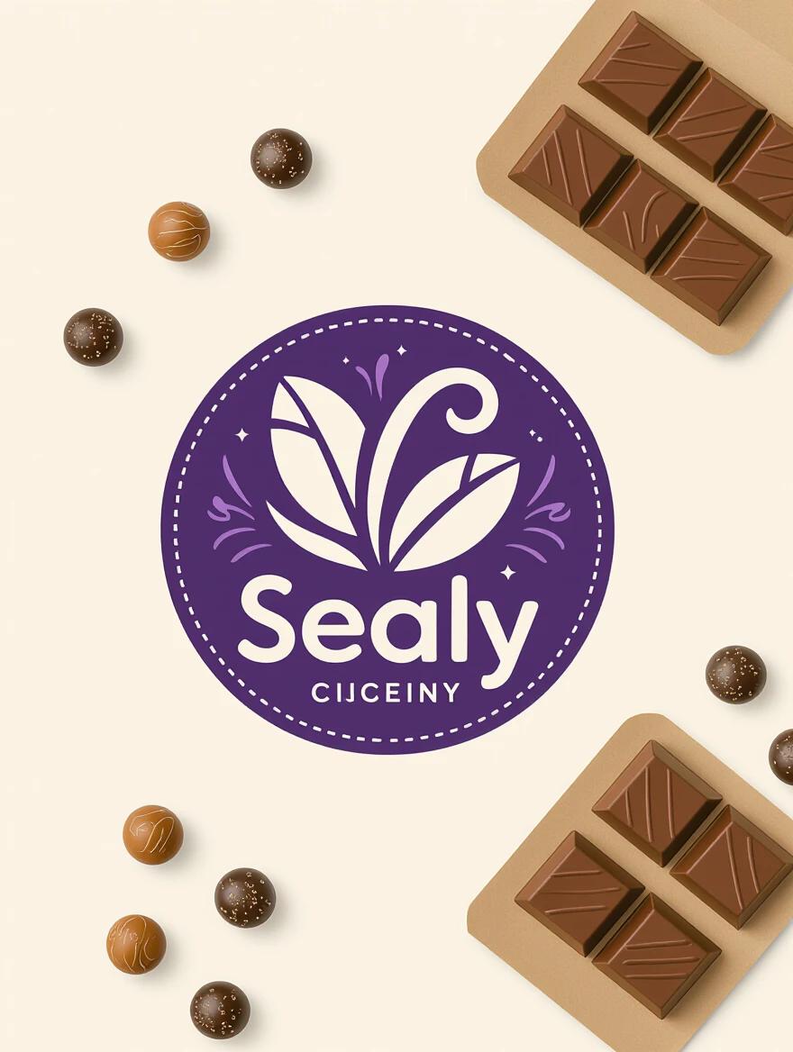 A confectionery logo featuring a minimalist and eye-catching design focused on purple colors. The logo should attract customers with its simplicity and elegance. Include elements that symbolize sweets or chocolates around the logo.