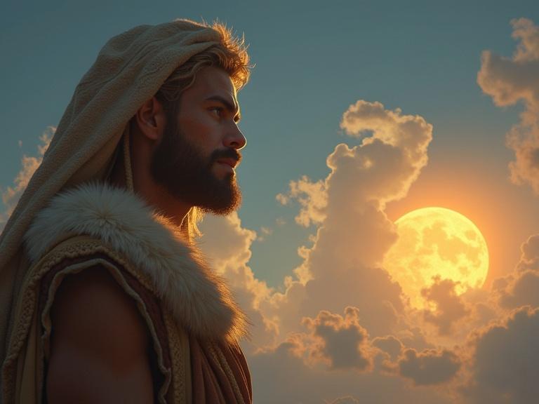 Enoch depicted with a thoughtful expression glowing vision of an ark in the sky colorful sunset clouds
