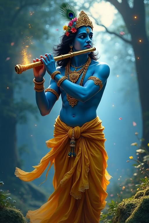 Divine male figure representing Lord Krishna with glowing indigo-blue skin and long flowing hair stands in a lush enchanted forest. Wears ornate golden jewelry and bright yellow dhoti flowing in the breeze. Holds a beautifully carved golden flute playing with serene concentration. Magical golden light emits from flute surrounded by surreal landscape of glowing fireflies and floating petals. Bathed in soft moonlight and ethereal blue tones creating peaceful atmosphere. Heavenly light beams shine through trees illuminating Krishna's face and ornaments with vibrant mystical composition.