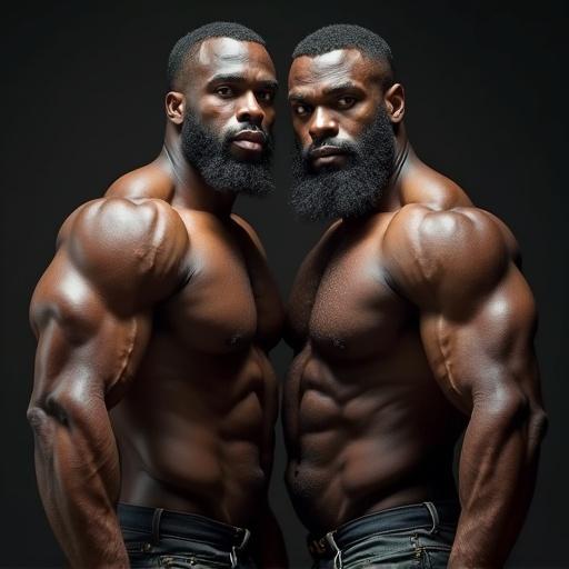 Two muscular bodybuilders from Ivory Coast displaying powerful physiques. Defined muscles with strong beards and body hair. Dark skin and glistening with sweat.