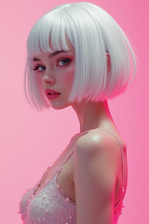 Model with a white bob hairstyle in profile. Background split with pink hues. High contrast and vibrant colors. Simple, sexy clothing. Emphasizes beauty and aesthetics. Artistic and dynamic composition.