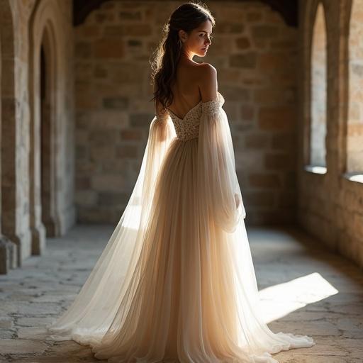 A woman stands gracefully in a medieval stone hallway. She wears an elegant sheer dress that flows softly around her. The subtle lighting highlights the contours of her silhouette. The setting is historic and detailed, contributing to a fantasy atmosphere.