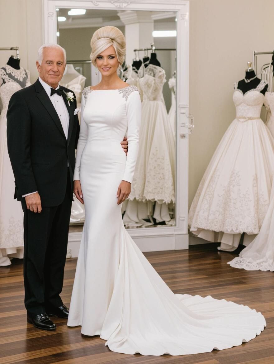 A stunning portrait of a woman with platinum blonde ornate updo. She wears a long form fitting wedding dress. An older man stands beside her in a suit. The setting is a wedding dress boutique with elegant decor.