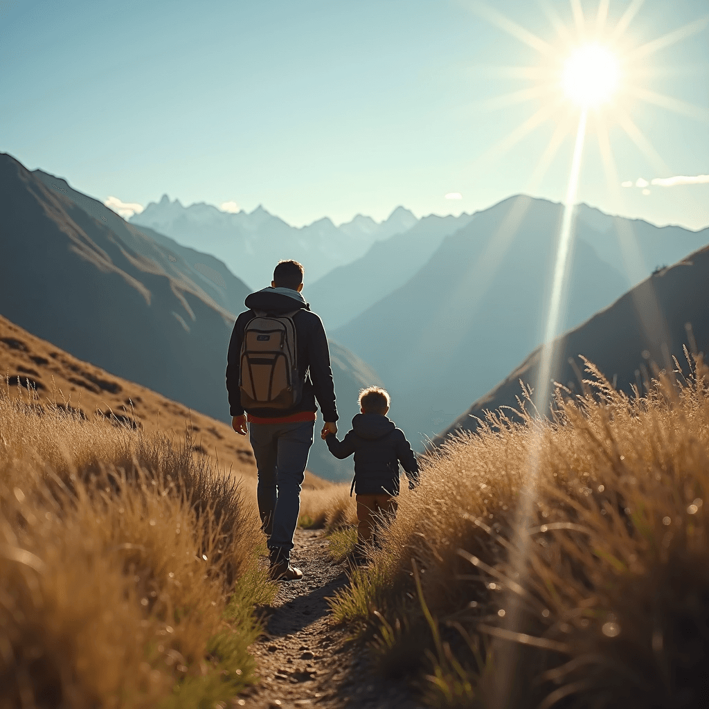 A man and child walk hand in hand along a mountain path under a bright sun.