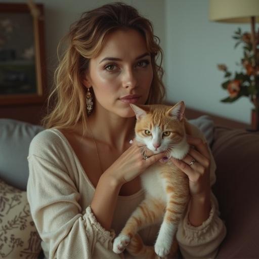 A woman holds a cat in a cozy home setting. Natural lighting softly illuminates the scene. Warm tones create an inviting atmosphere. The woman has a serene expression. The cat is ginger-colored and looks comfortable in her arms.