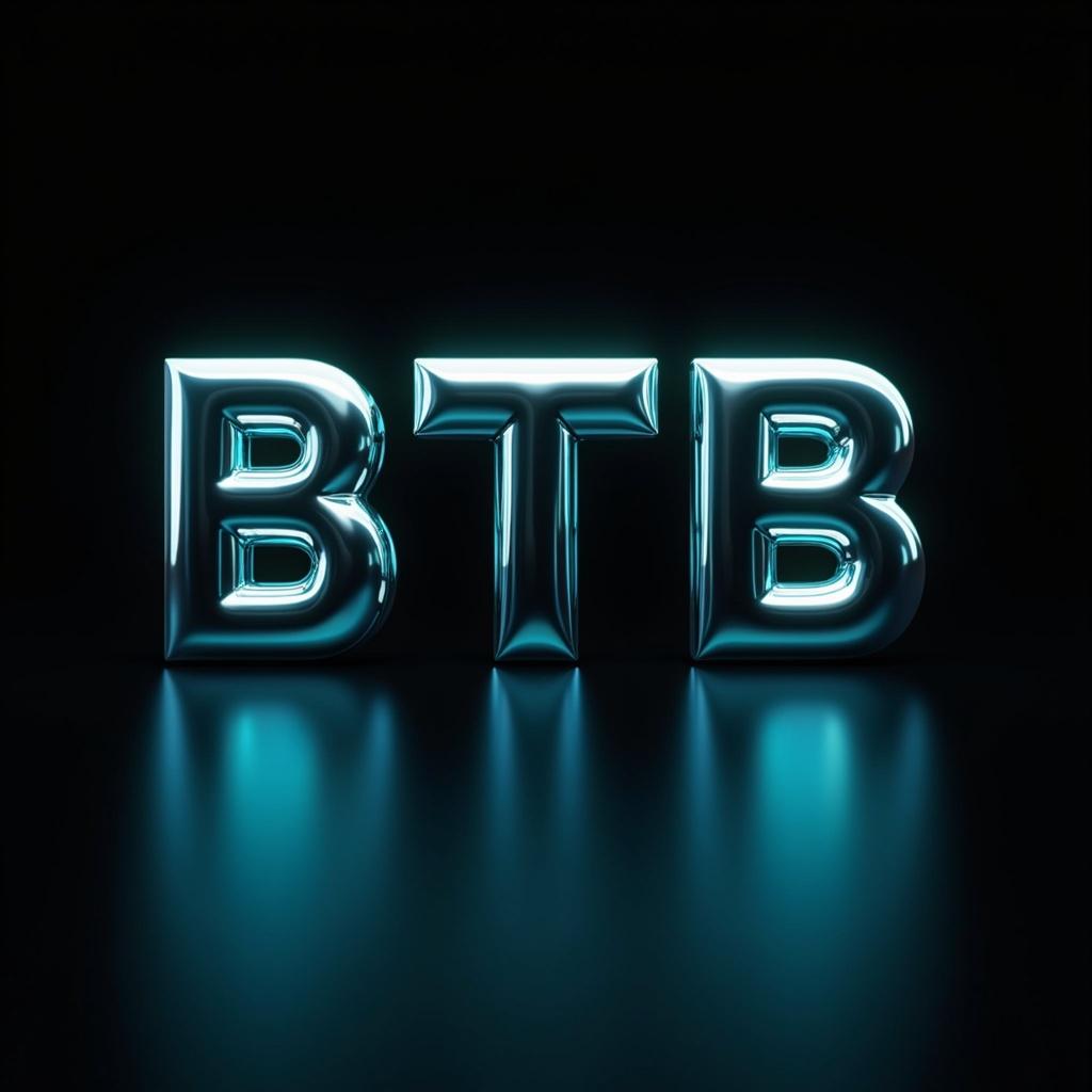 3D chrome letters form BTB. Letters glow with blue and teal light. Black background enhances the visual impact. Evokes an elegant and sophisticated feeling. Letters are reflective and uniform in size. Creates a luxurious contrast.