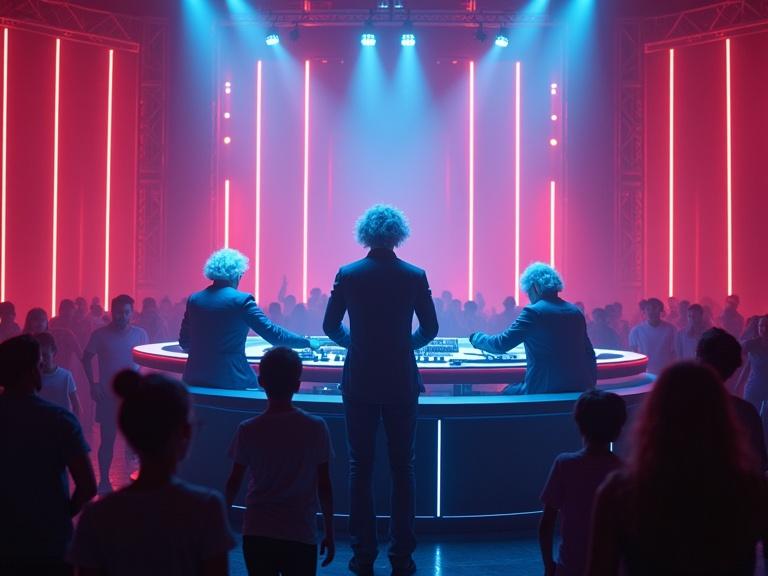 Futuristic DJ booth with three AI DJs. Neon lights create vibrant atmosphere. Dancing audience. Realistic photo. Historical figures as DJs.