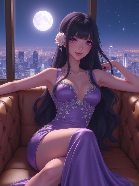 An East Asian woman with long dark violet hair and a white rose in her hair. She is in a purple cheongsam-style dress with silver embroidery. She reclines on a light brown leather sofa. The background features a night city skyline and a bright full moon. The composition is luxurious and intimate with soft lighting.