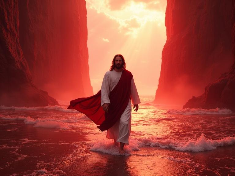 Jesus Christ walks through the parted Red Sea. Towering walls of deep red water glow. Dry seabed is cracked. He wears a flowing white robe with a dark red sash. Expression is calm and purposeful. Eyes look ahead. Sky is dramatic with stormy clouds and divine light rays. Atmosphere is epic and cinematic. Strong lighting and contrast in wide-angle view. A powerful biblical moment with intense red-toned water.