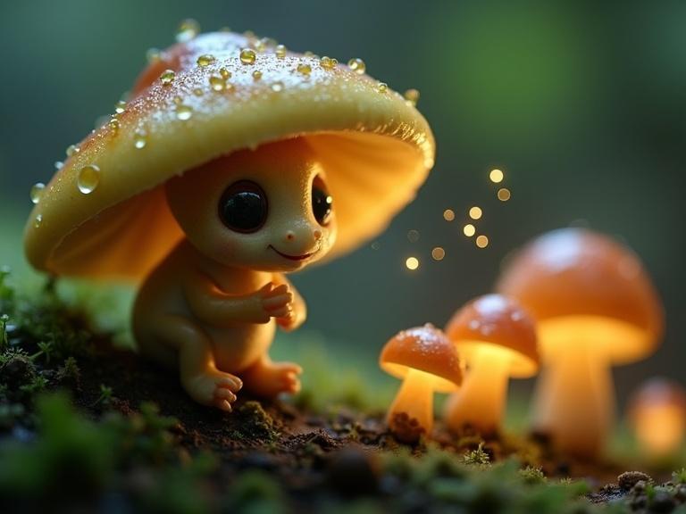 Close-up shot of a small mushroom alien watching a floating wisp of light. Alien has a round face and large eyes. Cap is tilted as it reaches out with one hand. Wisp bursts into sparks. Family of glowing mushrooms nearby. Setting is a quiet forest.