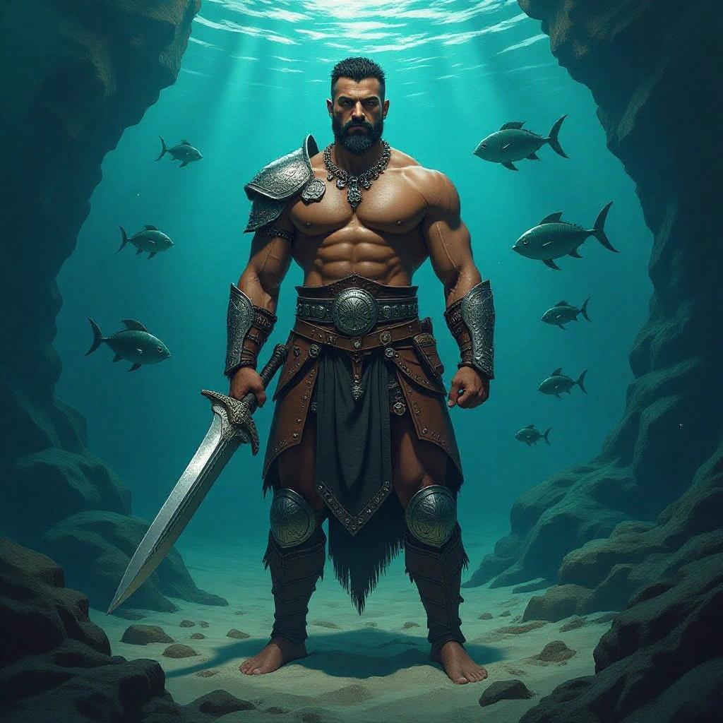 Ultra-realistic digital painting of a powerful warrior standing on the sandy floor of an underwater canyon. Man in his early 30s with warm tan skin and muscular build. Neatly trimmed black beard and mustache, short dark medieval hair. Wears a sleeveless fitted brown leather cuirass with silver rivets and sculpted shoulder plates. Heavy chains and talisman necklaces drape across his chest. Piercing steel-blue eyes. Turquoise sunlight pierces the water, illuminating plankton and casting dappled patterns. Kelp strands sway gently in the background with a submerged stone arch.