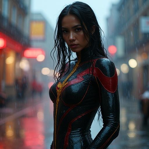 Woman in a superhero fight suit is in the rain. The suit has a wetlook effect and shines from surrounding lights. The destroyed street background adds to the epic scene with a sense of action.
